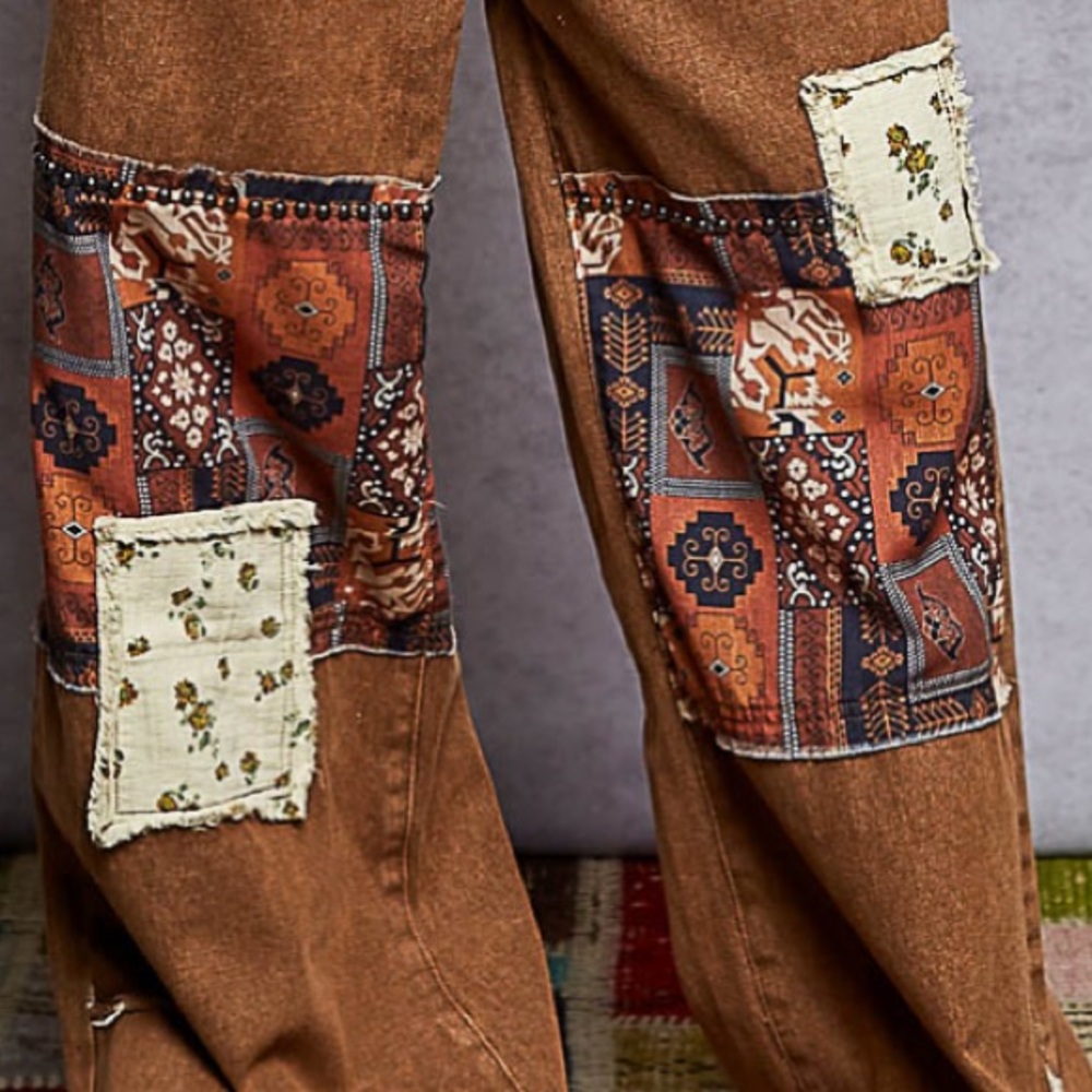 POL Brown Patchwork Wide-Leg Pants with Printed Patches - Picture 4 of 14